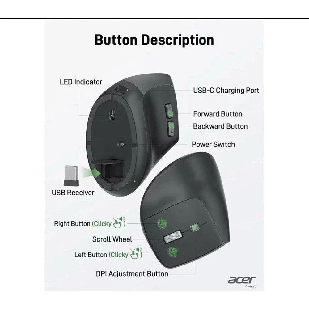Acer Ergonomic Mouse Wireless, Adjustable DPI Vertical Mouse 1000/1200/1600